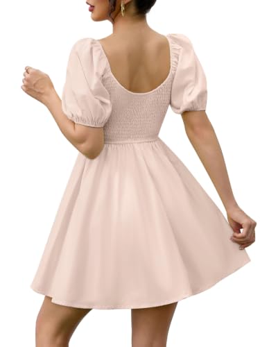 Image of Womens Babydoll Dress 2026 Summer Casual Puff Sleeve V Neck Cute Boho Smocked Flowy Short Sundress Beach Mini Dresses