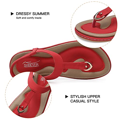 Shibever Womens Sandals Comfortable Summer Dressy Flat Sandals T-Strap Flip Flop Thong Sandals Red 12 #TOP1