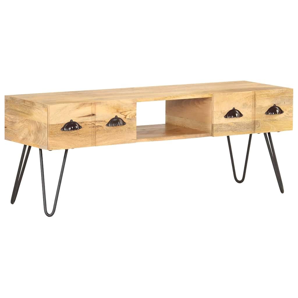 Mobile TV in legno massiccio Mango, 120 x 35 x 45 cm, con 2 cassetti e scomparto aperto, robusto mobile TV per soggiorno e camera da letto, credenza con finitura naturale e