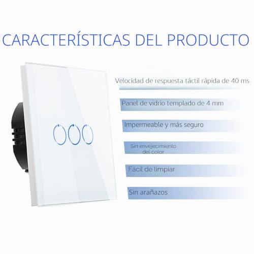 Interruptor táctil triple de vidrio templado CNBINGO con luz LED para panel de 3 vías 4