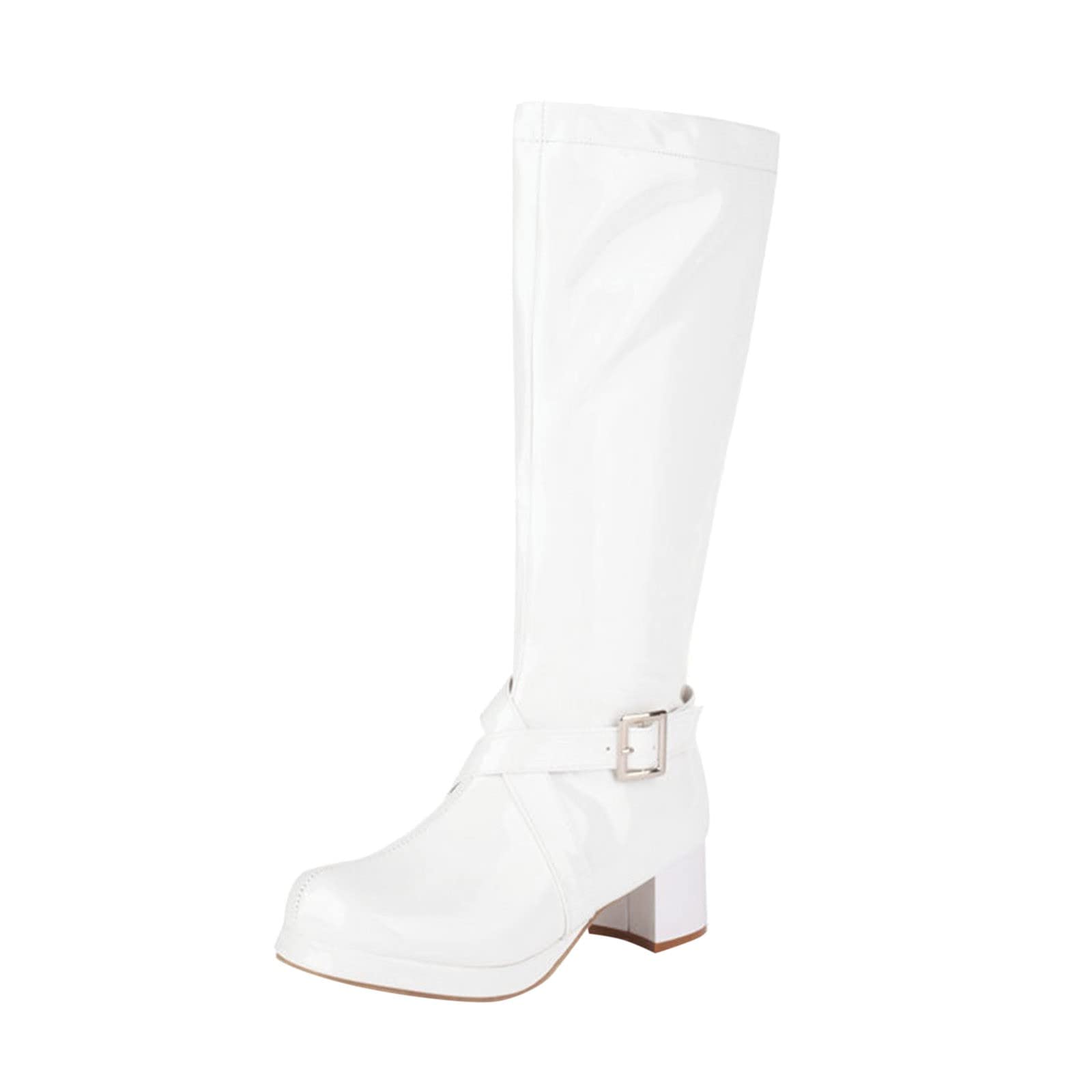 Botas de pantorrilla media para mujer e invierno Hebilla de color sólido de moda Cremallera lateral Cómodo tacón grueso Zapatos de tacón cuadrado Zapatillas de deporte para mujer, Blanco, 39 EU