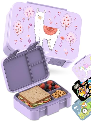 Image of BEARFOOT Kids Lunch Box with Compartments - Compact & Lightweight | Leak-Proof, BPA-Free, Dishwasher Safe | Hand-Drawn Design for Preschool, School, Travel (Llama Purple, 2.75 Cups)