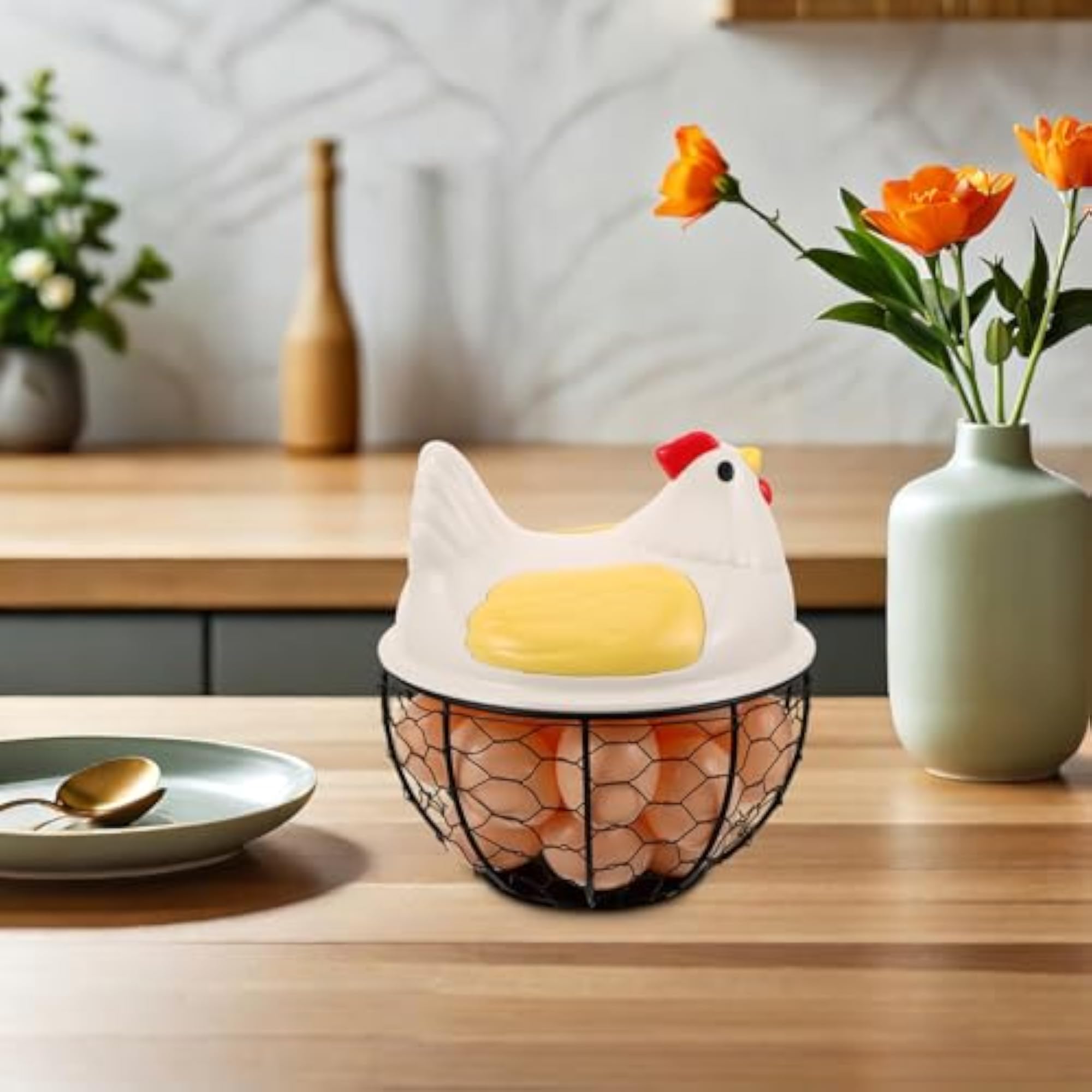Chicken Shaped Wire Egg Basket Holder, Rustic Kitchen Storage Organizer