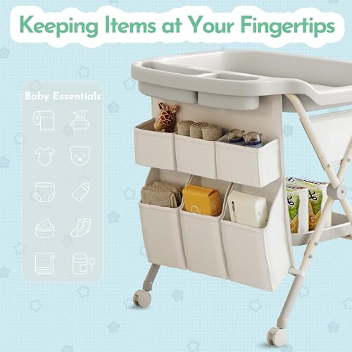 Image of Sweeby Baby Changing Table, Large Diaper Organizer for Baby Essentials,Adjustable Height and Portable, Waterproof Changing Table Pad Topper, Mobile Nursery for Infant and Newborn, Cream