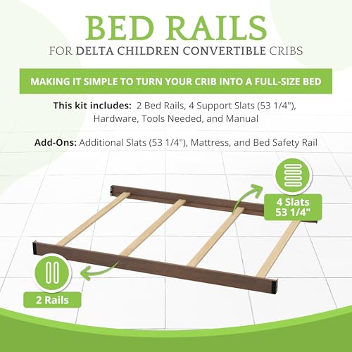 Image of Full-Size Conversion Kit Bed Rails Compatible with Delta Children Convertible Cribs - Solid Wood Rail #0050 - Toddler and Adult Bed Rail for Full-Size Beds - Baby Furniture (Weathered Chestnut - 223)