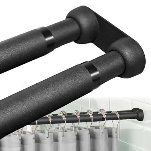 Double Shower Curtain Rod 27-90 Inches Wall Mounted Double Shower Curtain Rod Adjustable Curtain Rod for Bathroom Laundry Room Room Divider Kitchen Black