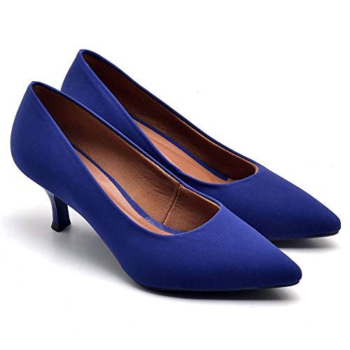 Sapato scarpin feminino nobuck azul salto fino baixo 5 cm (39)