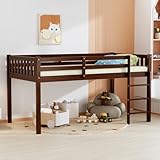 JOYMOR Low Loft Bed Twin Size with Stairs, Wooden Loft Bed for Kids, Junior，Young Teens，Pine Wood Twin Bed Frame, Space-Saving Design, No Box Spring Needed, Espresso