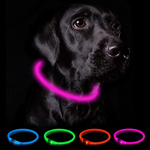 Nepfaivy Collar Luminoso Perro Recargable - 3 Modos Collar Perro Luz con Impermeable, Ajustable Collares LED para Perros Pequeños/Medianos/Grandes, Rosa