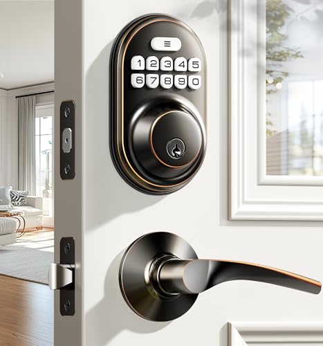Veise Keyless Entry Door Lock with 2 Lever Handles - Keypad Door Lock with Handle, Front Door Lock Set, Electronic Keypad Deadbolt Smart Lock, Auto Lock, Easy Installation Design, Oil Rubbed Bronze