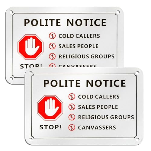 2 Pack No Cold Caller Sign for Front Door, 15 x 10CM Self Adhesive No Cold Callers Sticker, Aluminium No Canvassers, No Sales People Sign for Front Door, Letterbox with 4 Pre-drilled Holes