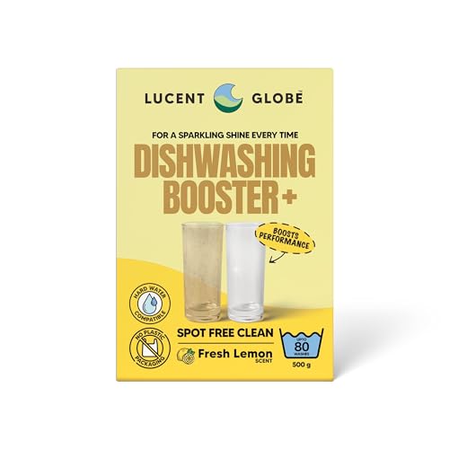 Lucent Globe Dishwashing Booster+ Powder – Fresh Lemon Scent – Spot-Free Finish, Hard Water Compatible, 100% Plastic-Free Packaging, 80 Washes (500g)