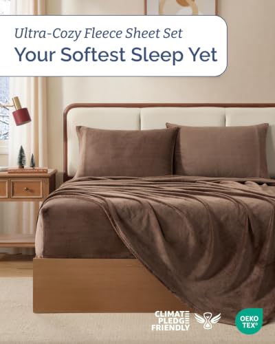 Image of Fleece Sheets Cal King Size Set - 4-Piece Velvet Flannel Sheet Set - Brown