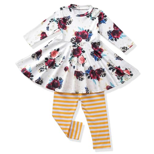 Image of Toddler Baby Girls-Fall-Clothes-Set Little Girls Floral Plaid Highlow Tunic Tops+Leggings Outfits Boutique Clothing