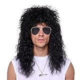 Peluca rockera de los 80, peluca hombre negra, peluca de pelo rizado cosplay fiesta de disfraces de Halloween