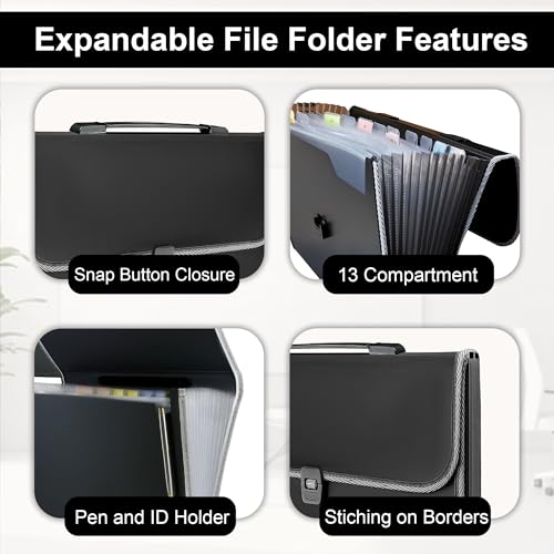 Image of GLUN 13 Pocket Expanding File Folder with Handle & Buckle Closure for A4 Size Documents - Portable Accordion Folder Organizer (Black)