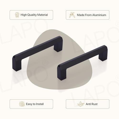 Image of LAPO 4 Inch Cabinet Handles for Kitchen, Stainless Steel Structure for Drawer and Cupboard, Smooth Hand Feel, Scratch Safe Finish, Hole to Hole Size 10 cm, Easy Mount Setup (96mm, Black, Pack of 2)