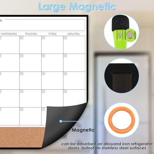 Magnetic Fridge Calendar Dry Erase, 2 in 1 Combo Fridge Cork Calendar, 15.7\"x13\" Magnetic Whiteboard Calendar for Fridge with 1 Eraser, 4 Dry Wipe Markers, 8 Magnets Thumb Tacks, Chore List for Family