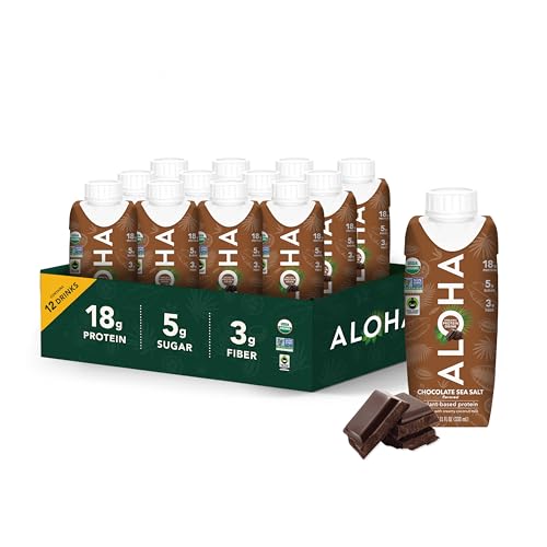 ALOHA Organic Protein Drink, Chocolate Sea Salt, Low Sugar & Dairy Free Ready-to-Drink Protein Shake, Plant Based, Non-Dairy, Clean Ingredients, GLP-1 Friendly, 18g Protein, Gluten Free