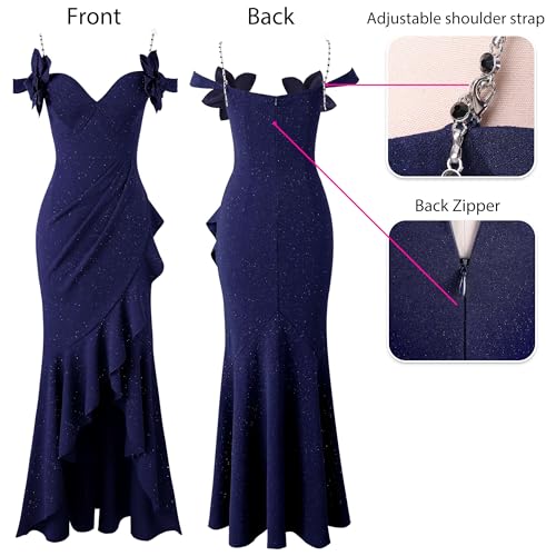 Image of VFSHOW Womens Formal Spaghetti Strap Cold Shoulder Ruched Ruffle Slit Maxi Dress Sexy Sweetheart 3D Flower Prom Evening Gown