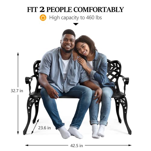 Image of VINGLI 42.5 inch Patio Garden Bench Outdoor Metal Rose Loveseat, Cast Iron Cast Aluminium Frame Antique Finish Park Chair, Accommodates 2-3 People