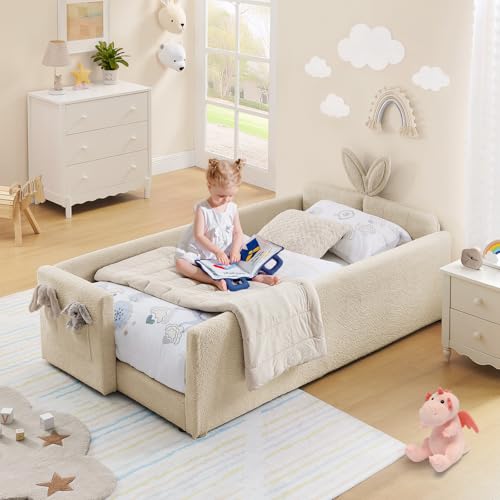 Image of Twin Size Kids Bed with Rabbit Ear Headboard, Upholstered Boucle Fabric Twin Daybed with Slats Support & Side Pockets, Space-Saving Wooden Corner Sofa Couch Bed Frame for Girls, Boys, Teenager(Camel)