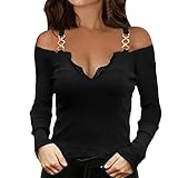 Damen Spitze Bluse Langarmshirt V Ausschnitt Slim Fit Einfarbig Patchwork Spitzenbluse mit Floral Tunika Oberteil Top, Schulterfrei, T Shirt Leicht Kurzarm Shirts Tops, #11 Black, XXL