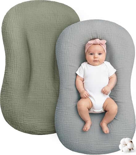 Muslin Baby Lounger Cover 2 Pack, Cotton Soft Breathable Infant Nest Slipcovers, Envelope Closure, Compatible with Snuggle MeLoungers, Machine Washable, Cover Only, for Boys Girls(Gray & Green)