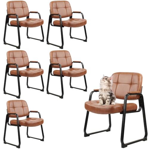 Image of CLATINA Big & Tall 500 lb Waiting Room Chairs with Padded Armrests and Sled Base, Leather Stationary No Wheels Office Guest Chair for Reception Lobby Home and Meeting Conference, Brown (6 Pack)