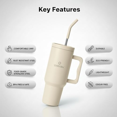 Image of Speedex 1200 ml Insulated Stainless Steel Tumbler with Handle, Straw & Cleaning Brush, Double Wall Leakproof Sipper Bottle, 24H Cold 18H Hot, Cup Holder Fit Travel Mug for Men Women (Cream, 1.2 l)
