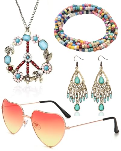 FDCGAS Hippie Costume Set Retrò Accessori Hippie Costume Bohemia Set Costume Anni '60 anni '70-Occhiali da Sole Collana con Segno di Pace Braccialetto Hippie Orecchini,per Festa Spiaggia Foto Regalo