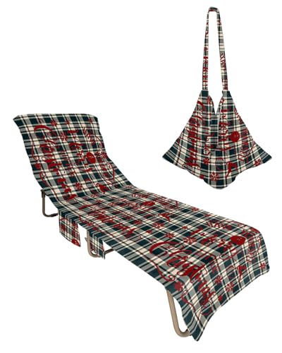 Merry Christmas Beach Lounge Chair Towel Cover, Soft Chaise Lounge Towel with Side Pockets Patio Pool Chairs Cover for Beach/Pool Sunbathing 29x85 Red Elk Xmas Snowflake Green Plaid