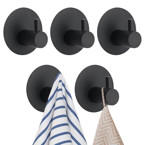 5 Pcs Stainless Steel Wall Hooks, Self Adhesive Hooks Heavy Duty Wall Hooks, Towel Hook, for Towels Hat & Coats, No Drill Sticky Hooks for Bathroom Kitchen Tile Glass Wardrobe, Black, Round