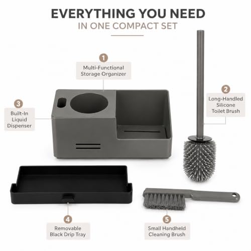 Image of Vasukie Silicone Toilet Brush and Holder Set with Caddy Organizer, 2-in-1 Bathroom Cleaning Set with Detail Brush, Drip Tray & Soap Dispenser Holder for Small Bathrooms & Apartments (Grey)