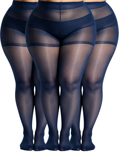 Image of MERYLURE Plus Size Sheer Tights for Women,20D Control Top Pantyhose Reinforced Toes High Waist Stockings 3 Pairs 1XL-6XL