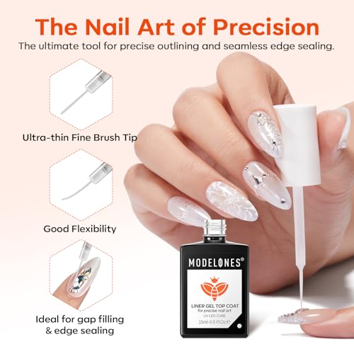 Image of modelones Liner Gel Top Coat for Fine Designs, No Wipe Clear Nail Polish - High Gloss Gap Filling Top Coat Gel, Strong Adhesion for Nail Powder & Rhinestones, U V /LED Light Cure, 15ml
