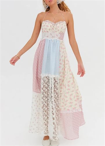 Women Boho Floral Smocked Maxi Dress Y2k Patchwork Lace Layered Long Beach Dress Casual Flowy Summer Sundress3