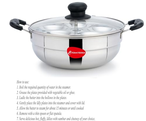 Image of Klassi Kichen Stainless Steel Multi Kadai WIth Glass Lid Induction & Standard Idli Maker (2 Plates,10 Idlis)