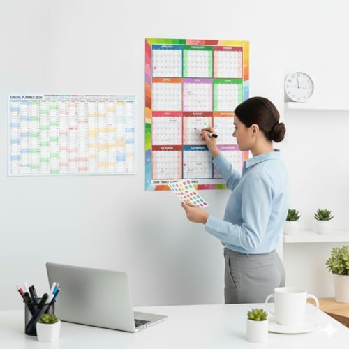 Image of ThinkCrafts 2026 Wall Calendar Daily Planner, Large Format 28.5x19 Inches, Writable Surface with Color Dot Stickers, 12 Month (F, 20x30)