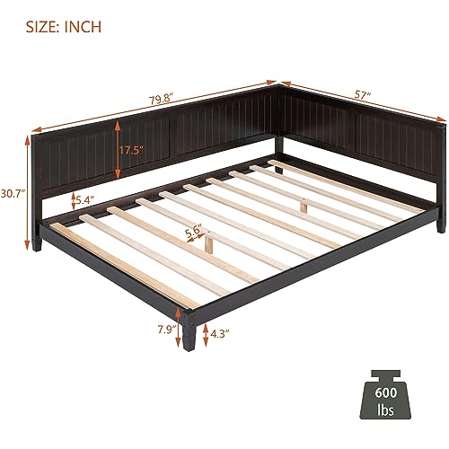 Gustonhon Espresso Full Day Bed Frame, Wood Corner Daybed Sofa Bed with Armrests and Backrest,Guest Beds for Small Spaces Living Room or Bedroom, No Box Spring Needed(Espresso, Full)