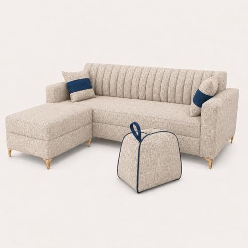 Image of FURNY Signature Regalia 4-Seater L-Shape Sofa Set with Movable Ottoman & Suri Pouf | Flexible LHS /RHS Layout | Boucle Weave Fabric | 40D Foam + Zigzag Spring | 3-Yr Warranty (Sandstone Beige)