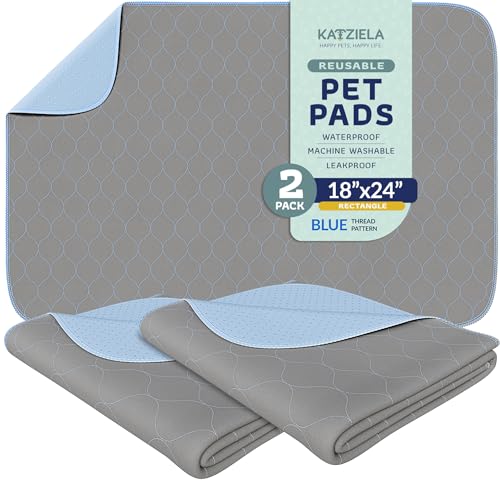 Image of Katziela Washable Pet Pads (2 Pack 18in x 24in) Super Absorbent Waterproof Reusable Dog Pee Pads for Dogs Washable Puppy Pads for Potty Training Housebreaking Washable Pee Pads for Dogs Blue Stitching