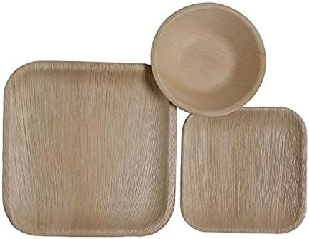 Square Palm Leaf Plates Set | Pack of 225- (75) Dinner Plates and (75) Salad Plates and (75) Bowls | Ecofriendly Disposable Dinnerware | Heavy Duty Biodegradable Party Utensils