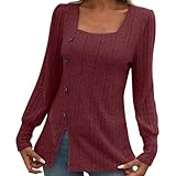 Womens Casual Crewneck Tops Trendy Long Sleeve Shirts Fall 2024 Basic T Shirts Loose Fit Pleated Tunic Tops (A6-Red, XL)