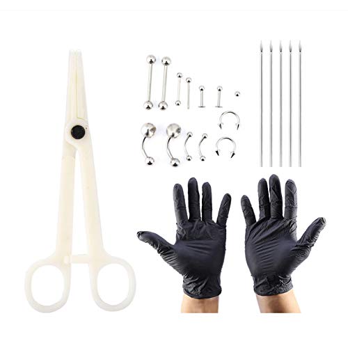 Piercing Kit, Asixx 20pcs/Set Tongue Nose Belly Button Body Jewelry Piercing Rings Tool Kit with 1 Piercing Clamp, 1 Pair of Gloves, 5 Piercing Needles and 6 Pairs of Piercing Rings