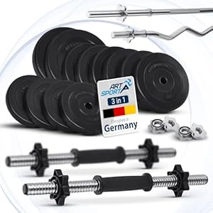 ArtSport® 3in1 Hantelset mit 2 Kurzhanteln, 1 Langhantel & 1 SZ Curlhantel - 12 Gewichte mit 60kg und Sternverschlüssen - Hantel Set Krafttraining