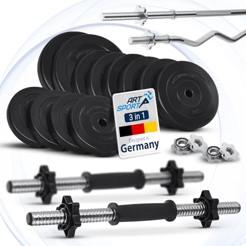 ArtSport 3in1 Hantelset mit 2 Kurzhanteln, 1 Langhantel & 1 SZ Curlhantel - 12 Gewichte mit 60kg und Sternverschlüssen - Hantel Set Krafttraining