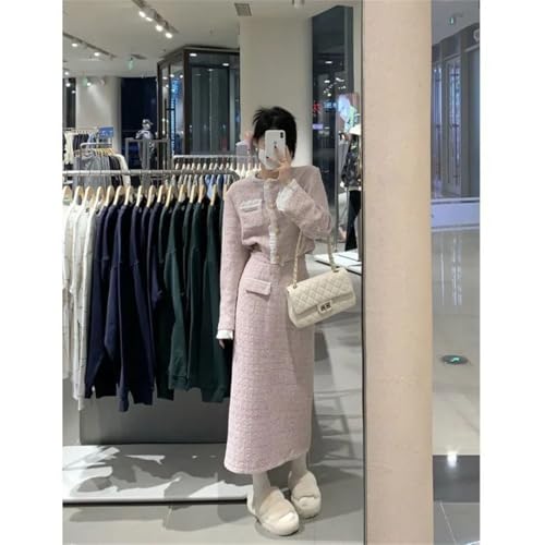 Women's Skirt Sets Pink O-Neck Flounce Short Coat+High Waist Wrap Hip Mid Length Skirt Small Fragrance Two Piece Clothing3