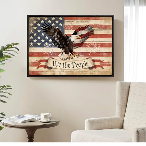 Image of American Flag Framed Canvas Wall Art, 4th of July Red White Blue Canvas Prints, USA Flag with Bald Eagle Patriotic Decorations, Vintage Independence Day Wall Decor for Bedroom Living Room 24x32