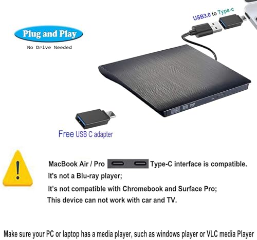 Unidad externa DVD CD USB 3.0 ultradelgada compatible con PC miniatura 3
